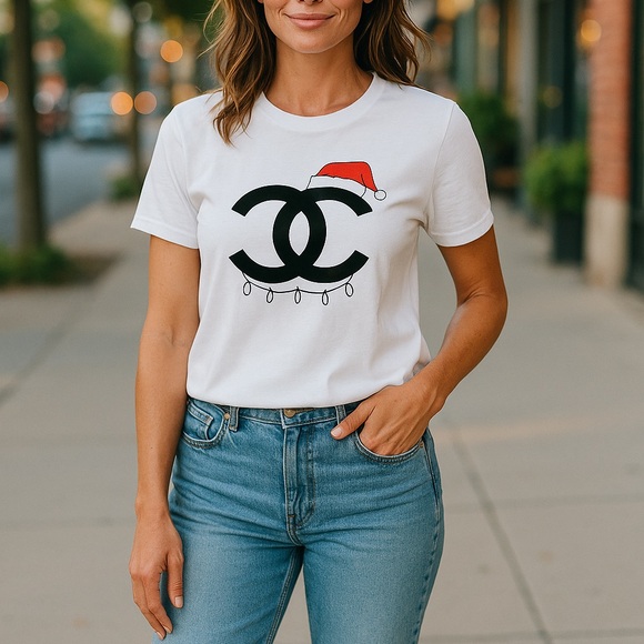 Luxury Christmas T Shirt Chanel Santa White Casual Shirt Sleeve Holiday - Picture 2 of 3